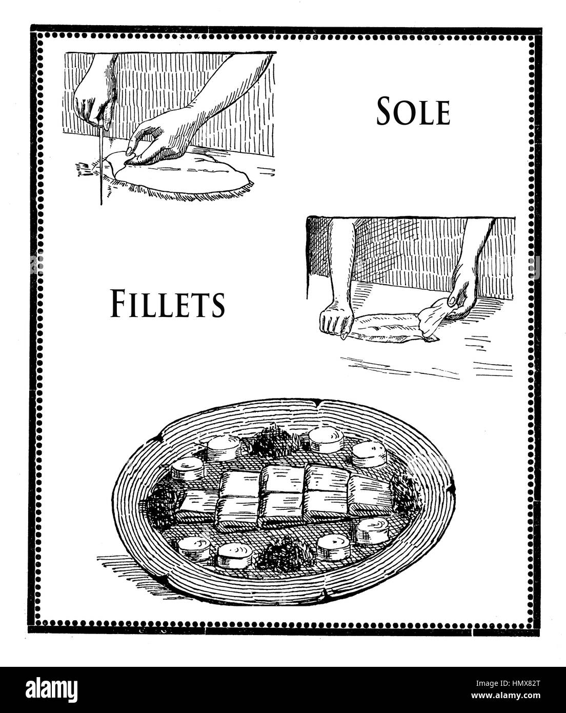 Vintage Küche Gravur, Fisch Vorbereitung und Seezungenfilets Präsentation Stockfoto