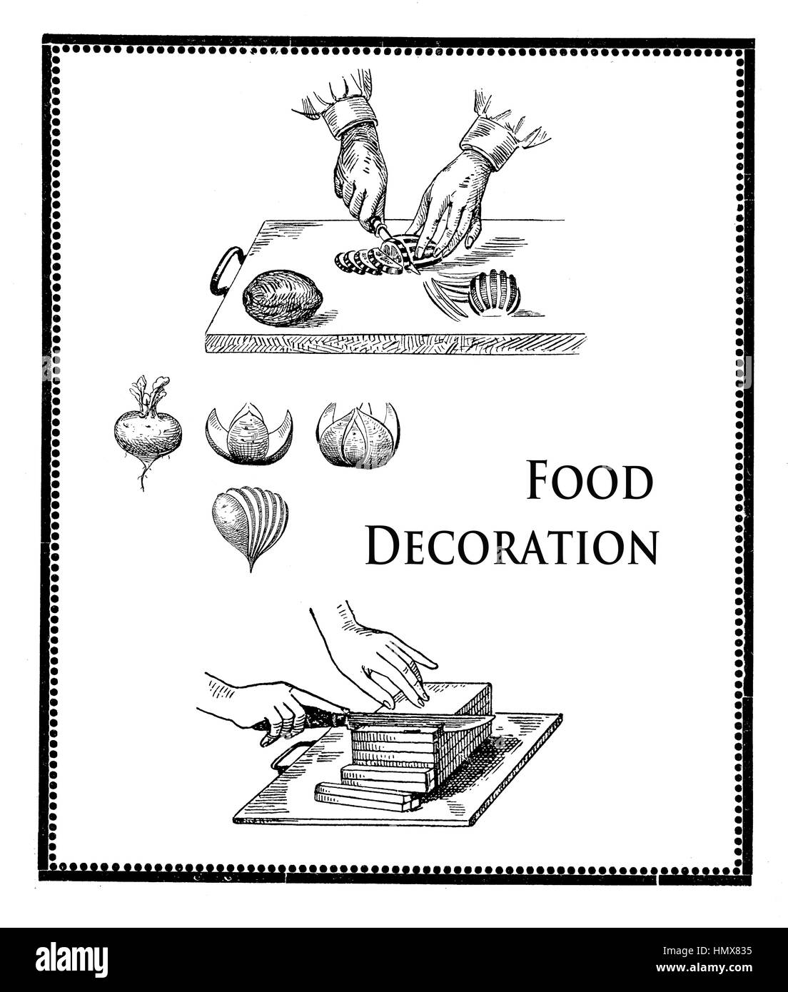 Vintage Küche Gravur, Speisenpräsentation und Vorbereitung Zitronenscheiben, Radieschen und Schinken schneiden Stockfoto