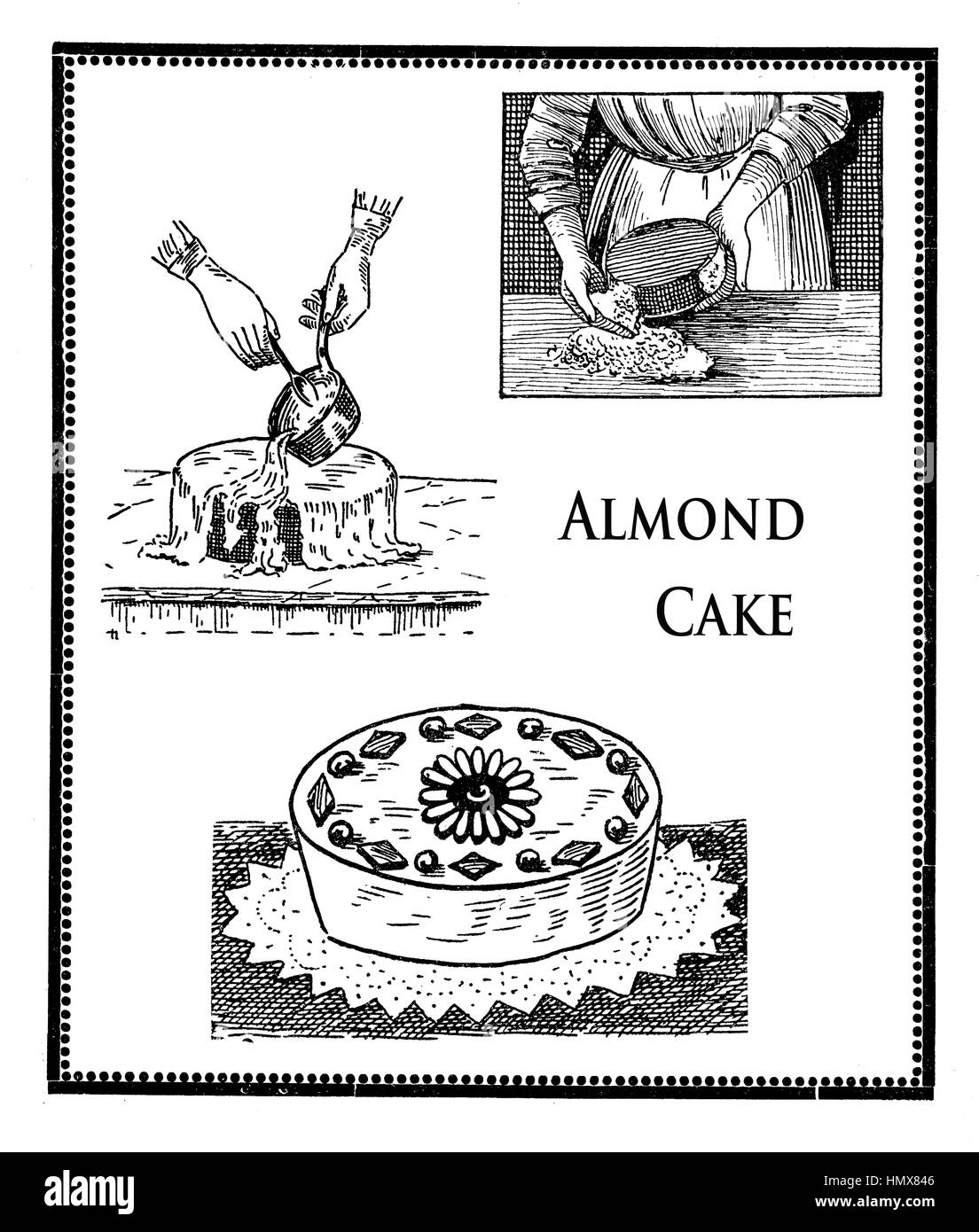 Vintage Küche Gravur, Dessert Präsentation: köstliche Mandel-Kuchen Stockfoto