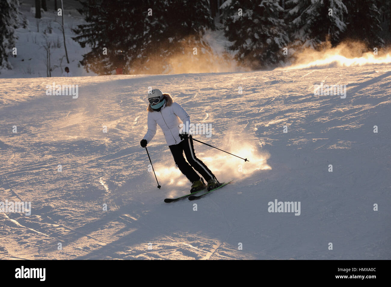 Skifahrer in weißen Overalls mit weißen Helm auf dem Kopf fährt die Pisten hinunter. Die Skipiste auf einem Hügel, Bäume mit Schnee in einem goldenen Sunse gebadet Stockfoto