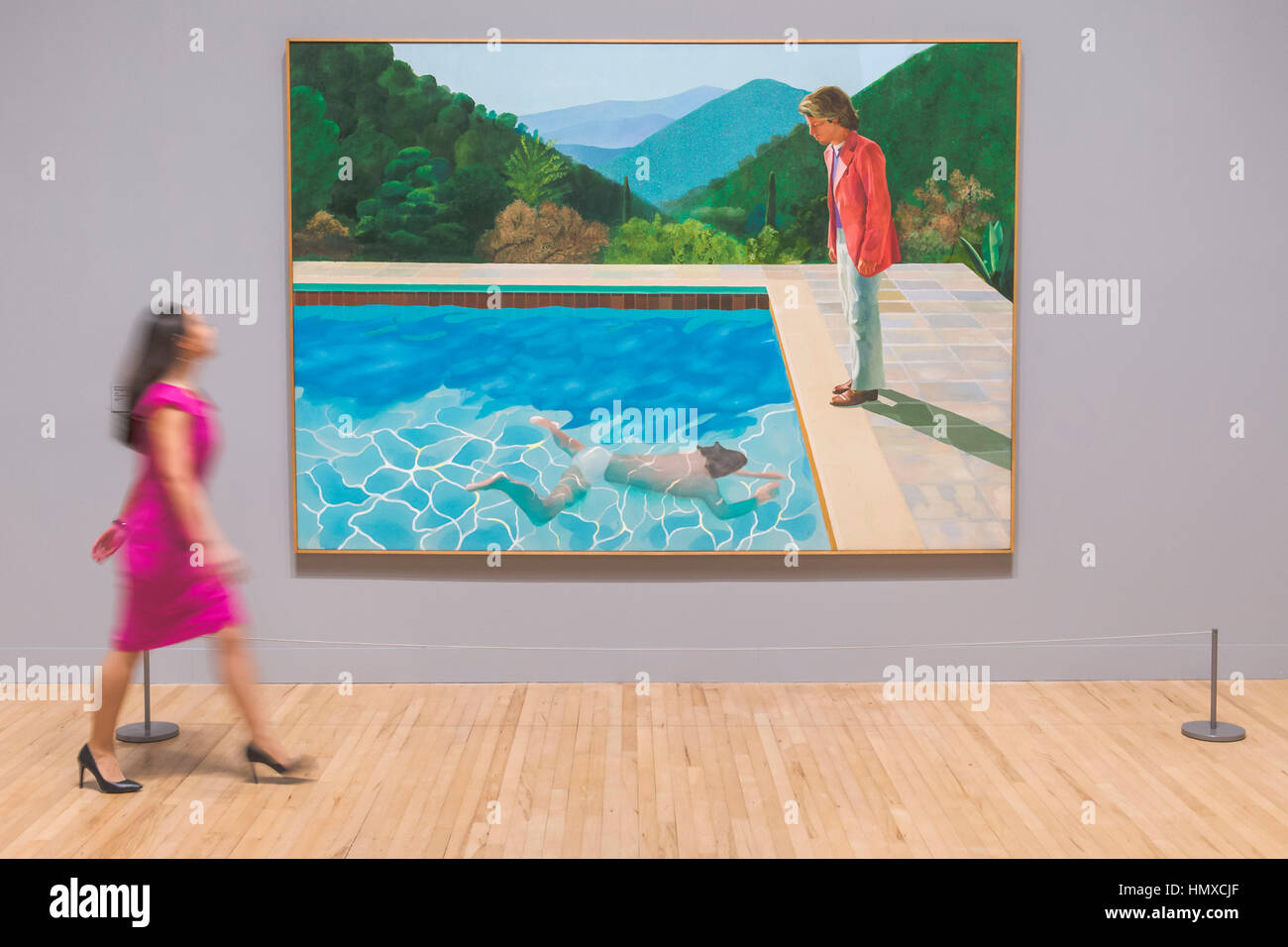 Tate Britain, London, UK. 6. Februar 2017. Porträt eines Künstlers (Pool mit zwei Abbildungen) 1972 - David Hockney, eine neue Retrospektive in der Tate Britain. Es umfasst mehr als 200 Werke und feiert Hockneys Leistungen in Malerei, Zeichnung, Druck, Fotografie und Video. Als er seinen 80. Geburtstag nähert, bietet diese Ausstellung eine noch nie dagewesene Übersicht über 60-Jahr-Karriere des Künstlers. Es läuft von 9 Feb bis 29. Mai 2017. 6. Februar 2017 London. Bildnachweis: Guy Bell/Alamy Live-Nachrichten Stockfoto