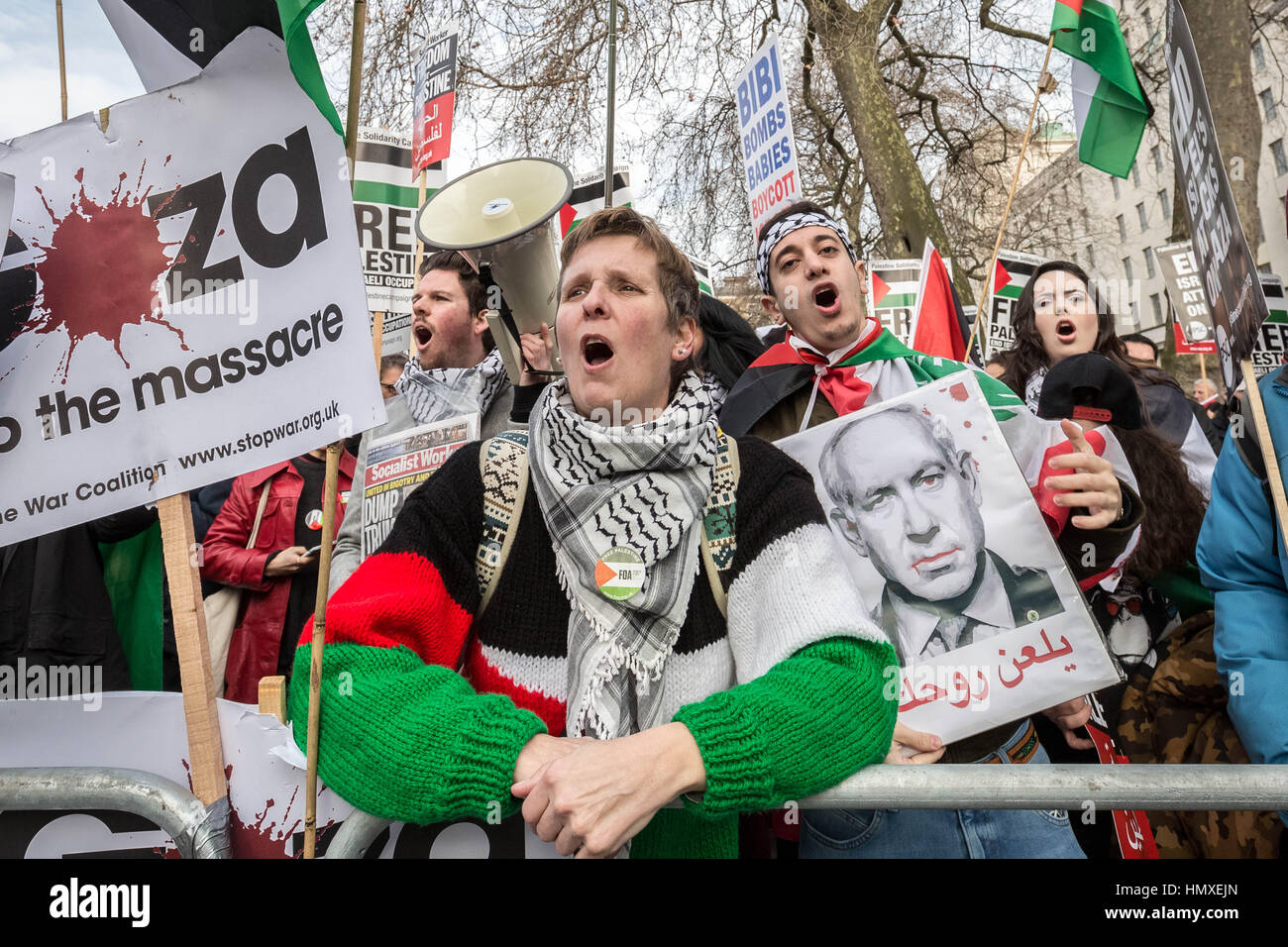 London, UK. 6. Februar 2017. Pro-palästinensische Protest gegen Premierminister von Israel, Benjamin Netanyahu Besuch in Downing Street © Guy Corbishley/Alamy Live News Stockfoto