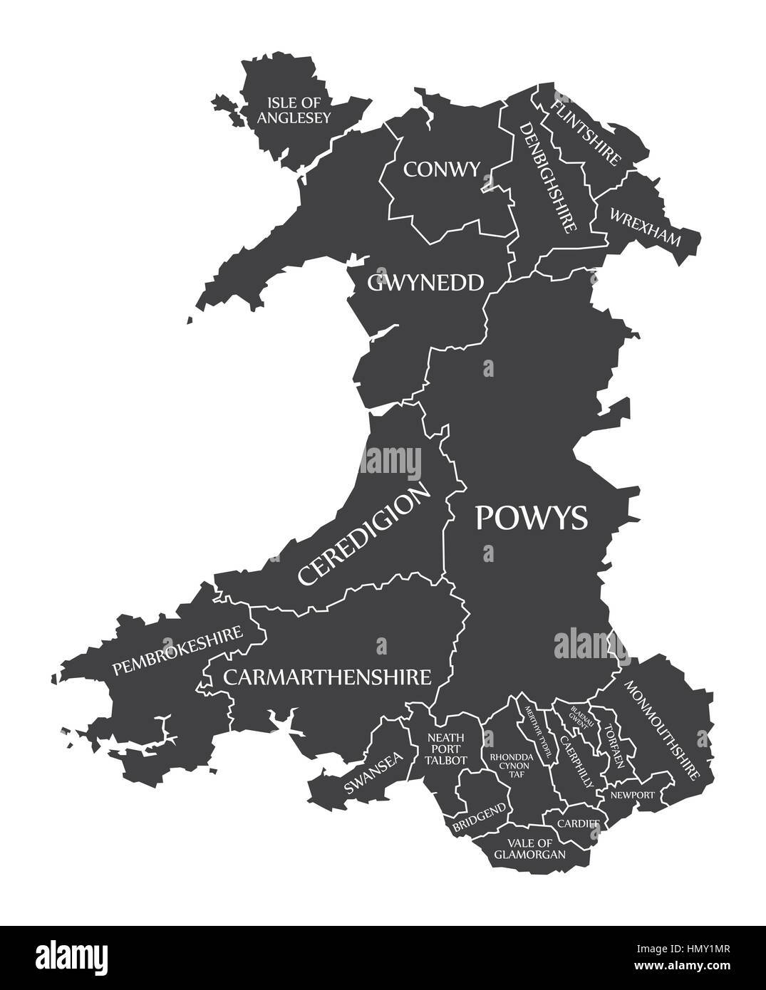 Wales Karte schwarz Abbildung gekennzeichnet Stock Vektor