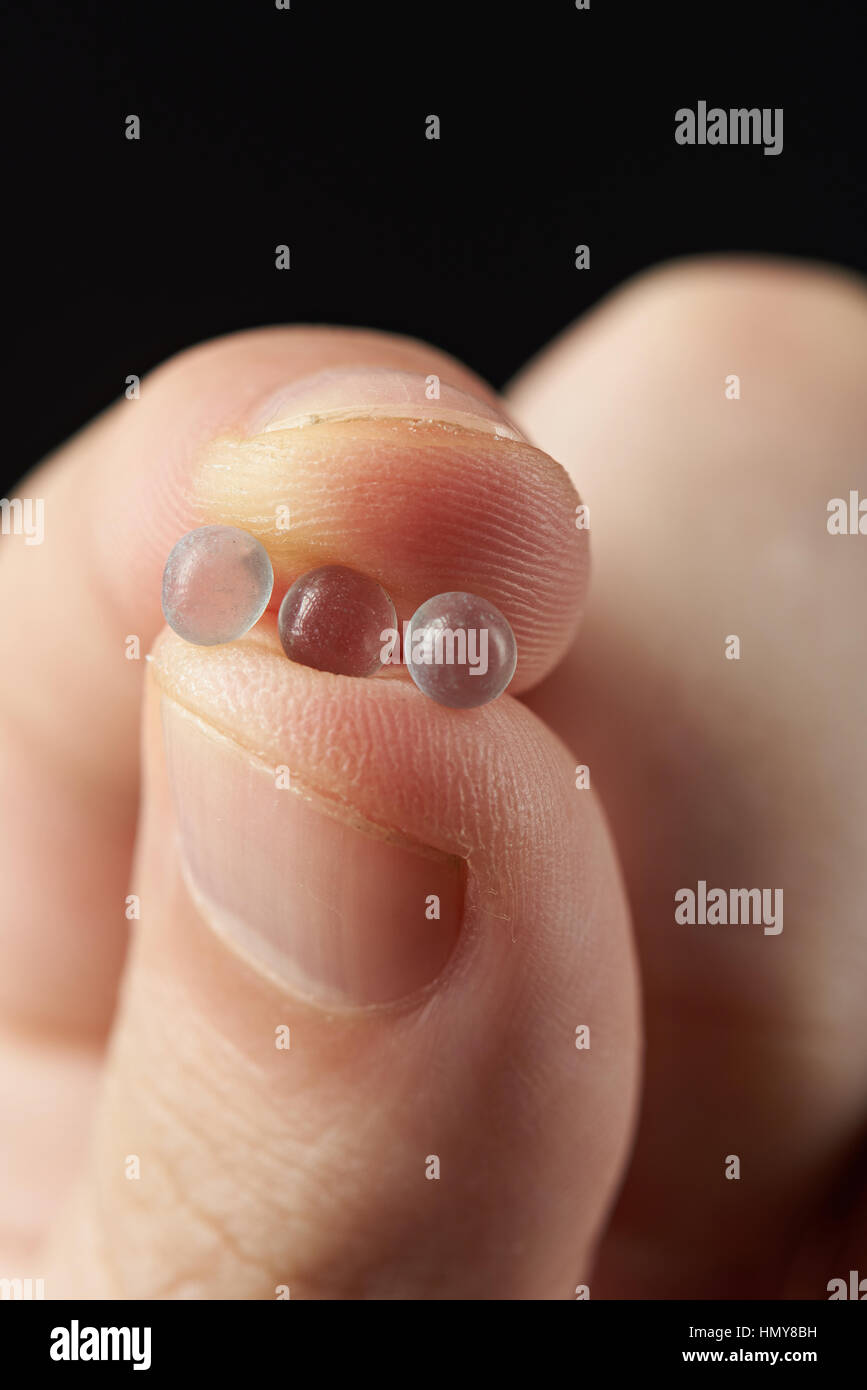 Makroaufnahme einer Silica-Gel-Granulat in der Hand auf schwarz Stockfoto