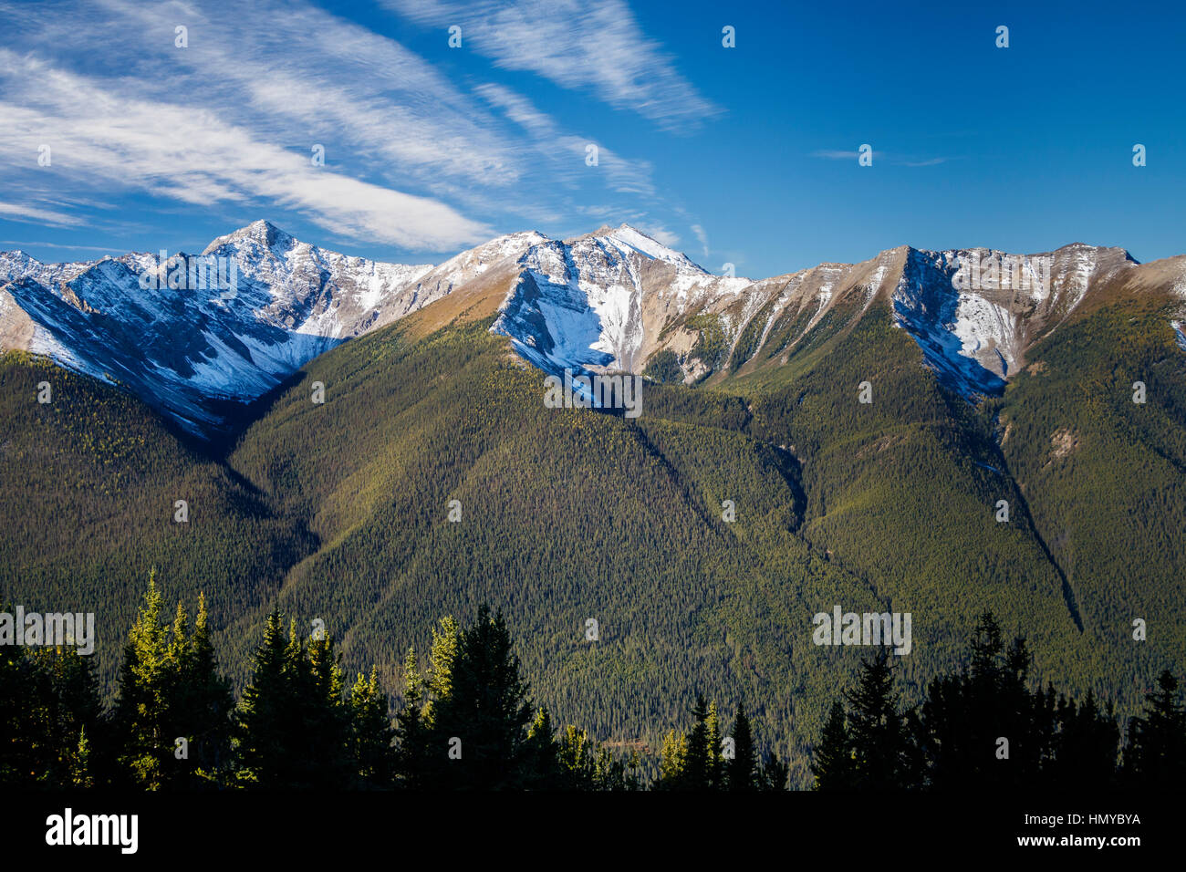 Die Rocky Mountains, die umgeben von Sulphur Mountain in Banff, Alberta, Kanada. Stockfoto