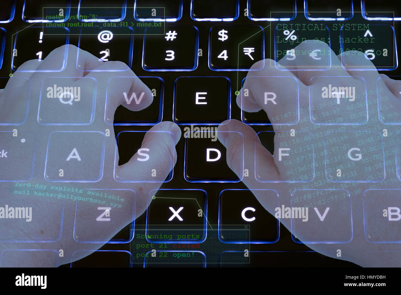 Hacker bei der Arbeit mit mehreren Bildschirmen und Tastatur mit Hintergrundbeleuchtung Stockfoto