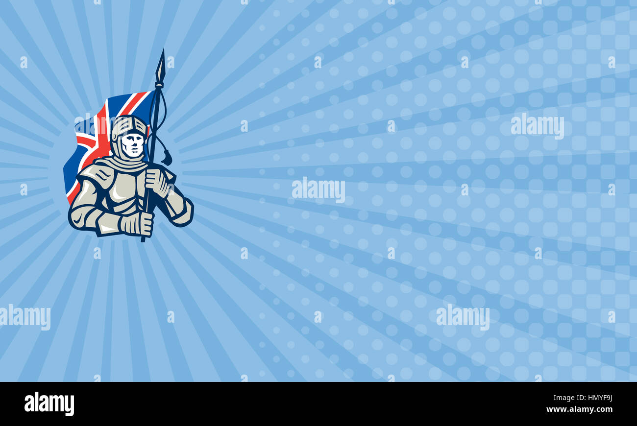 Visitenkarte zeigt Abbildung der Ritter in voller Rüstung mit britischen Union Jack Flagge Vorderseite getan im retro-Stil. Stockfoto
