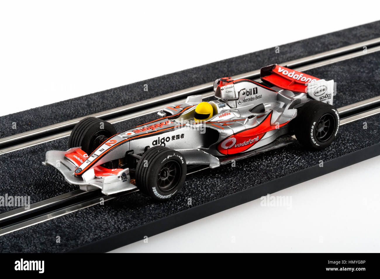 Moskau, Russland - 14. August 2010: Slot Car racing Track mit Silber Formel ein Auto. Stockfoto