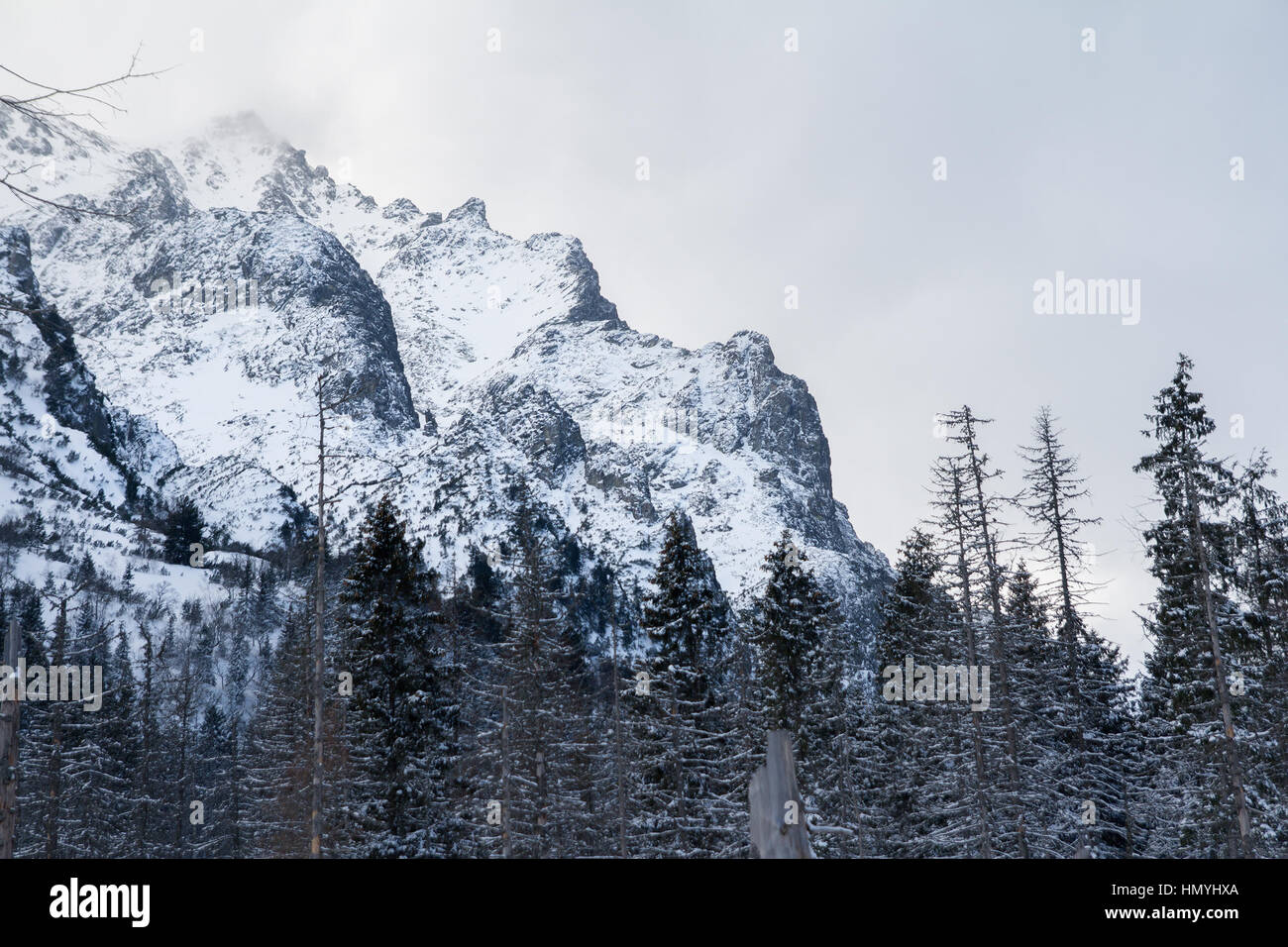 Schnee Berg bedecktem Himmel Stockfoto