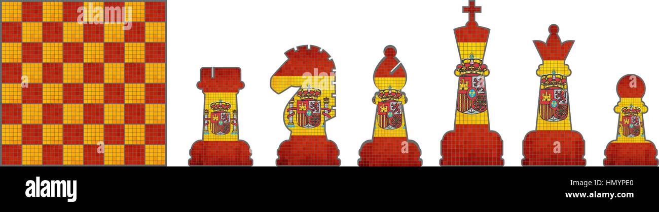 Schachfiguren mit Spanien Flagge - Illustration, Schach Stücke gesetzt, Schachfiguren mit Grunge spanische Flaggen, Schach Stücke und Spiele visuals Stock Vektor