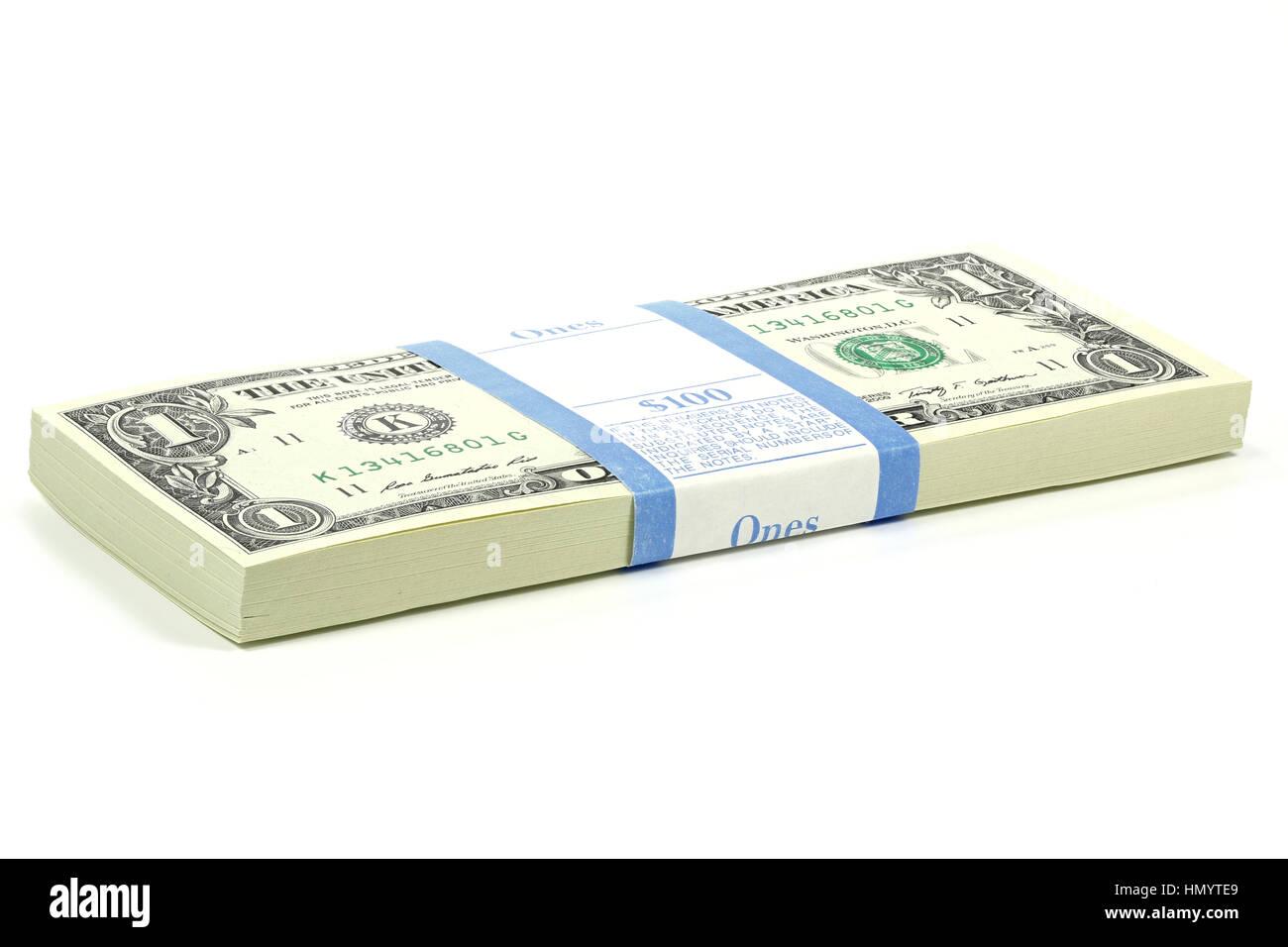 Bündel von 1 US-Dollar-Noten isoliert auf weißem Hintergrund Stockfoto