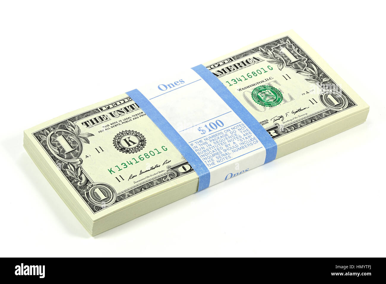 Bündel von 1 US-Dollar-Noten isoliert auf weißem Hintergrund Stockfoto