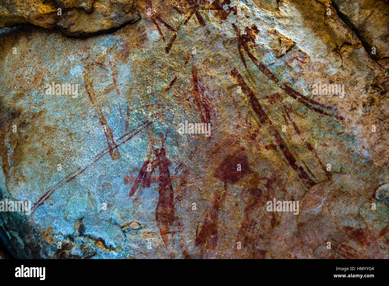 Alten Felsmalereien der Aborigines Gwion Gwion wissen auch als Bradshaw Felszeichnungen mit Figuren, die schätzungsweise 50.000 Jahre alt auf Stockfoto