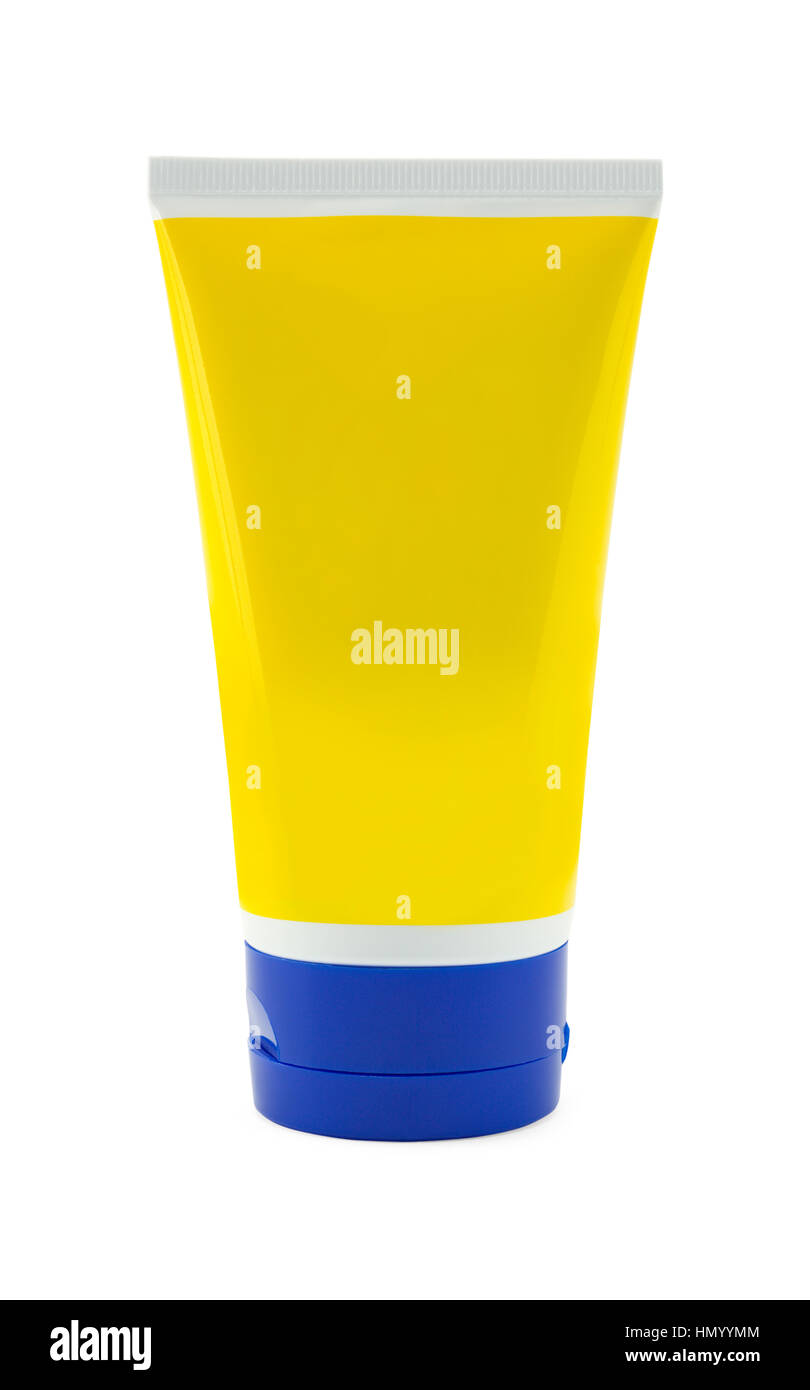 Gelb und blau Lotion Flasche Isolated on White Background. Stockfoto