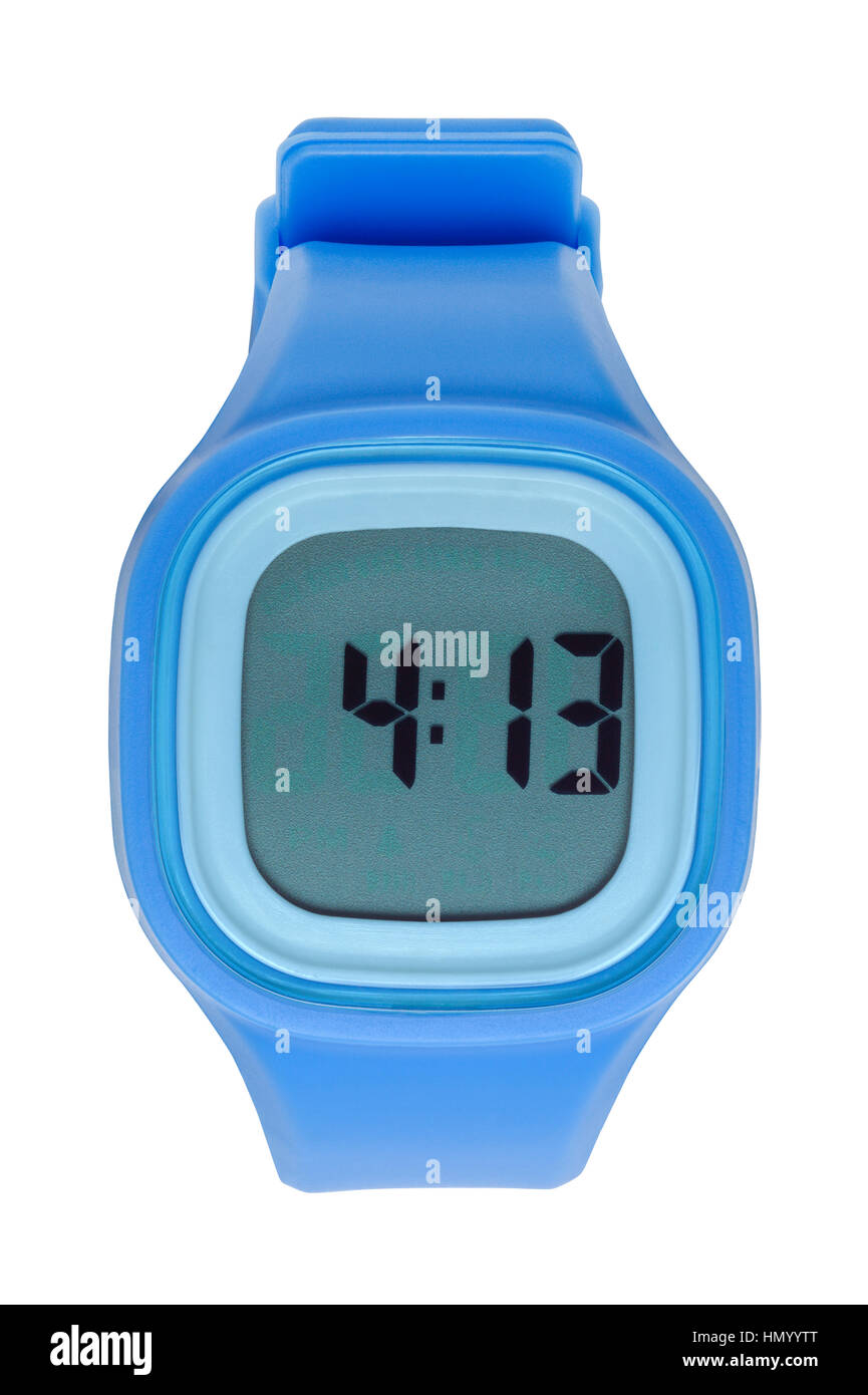 Neue blaue Digitaluhr Freisteller auf weiß. Stockfoto