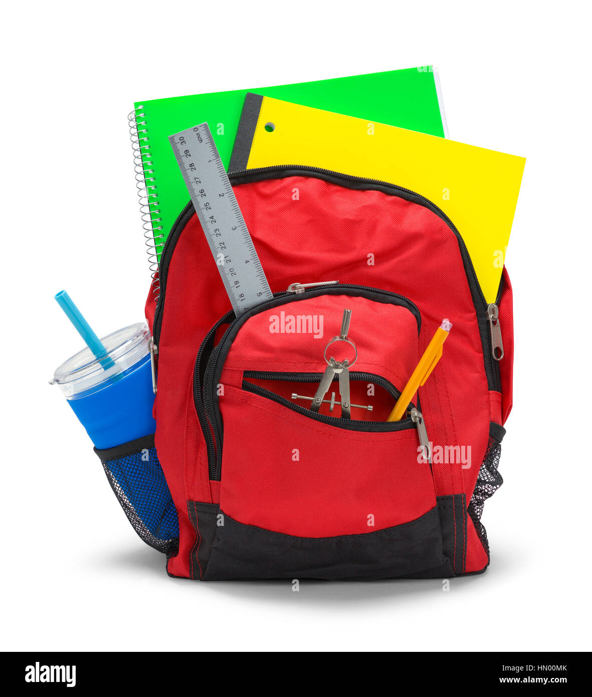 Roter Rucksack mit Schulmaterial, Isolated on White Background. Stockfoto