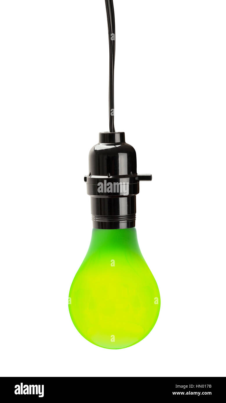 Leuchtet grün Glühbirne hängen mit Schnur ein-/Ausschalter Isolated on White Background. Stockfoto