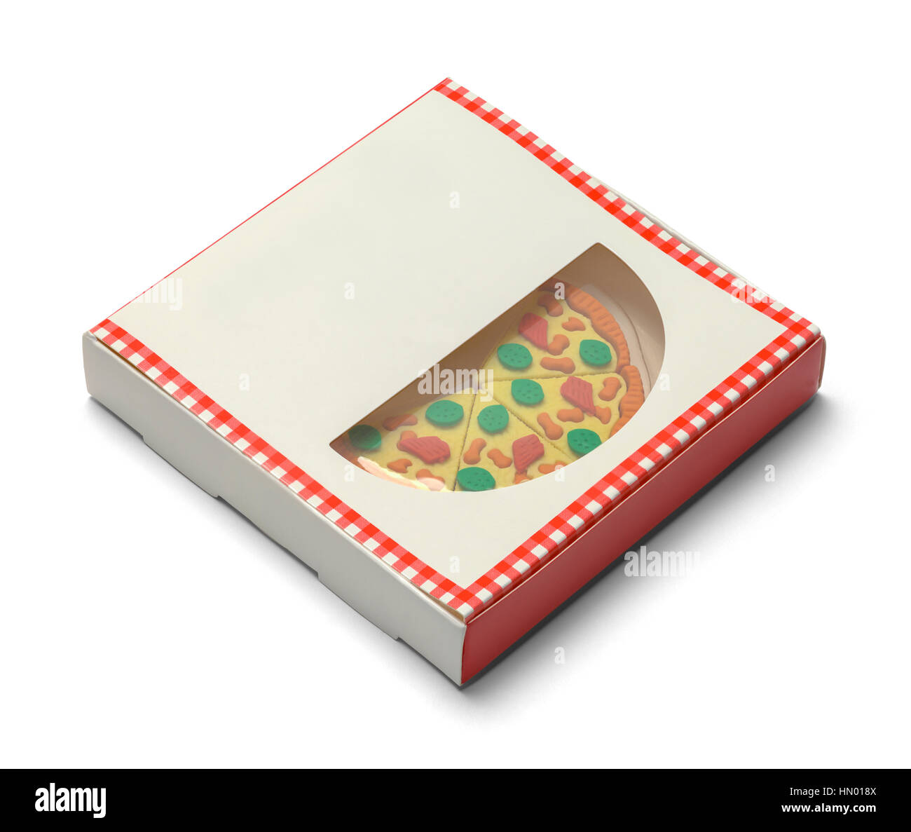 Mini Toy Pizza mit Box Isolated on White Background. Stockfoto