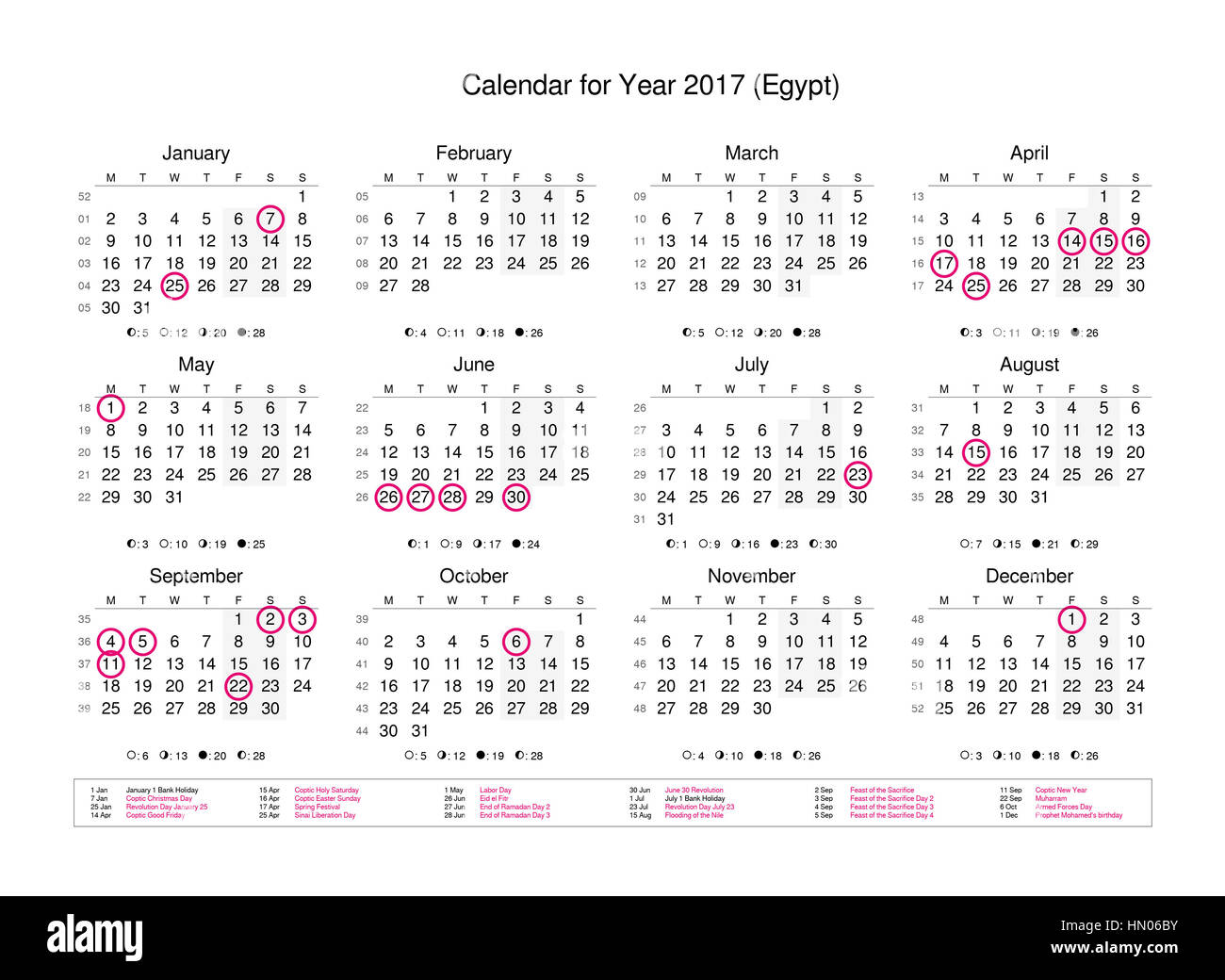 Kalender des Jahres 2017 mit Feiertagen und an Feiertagen für Ägypten Stockfoto