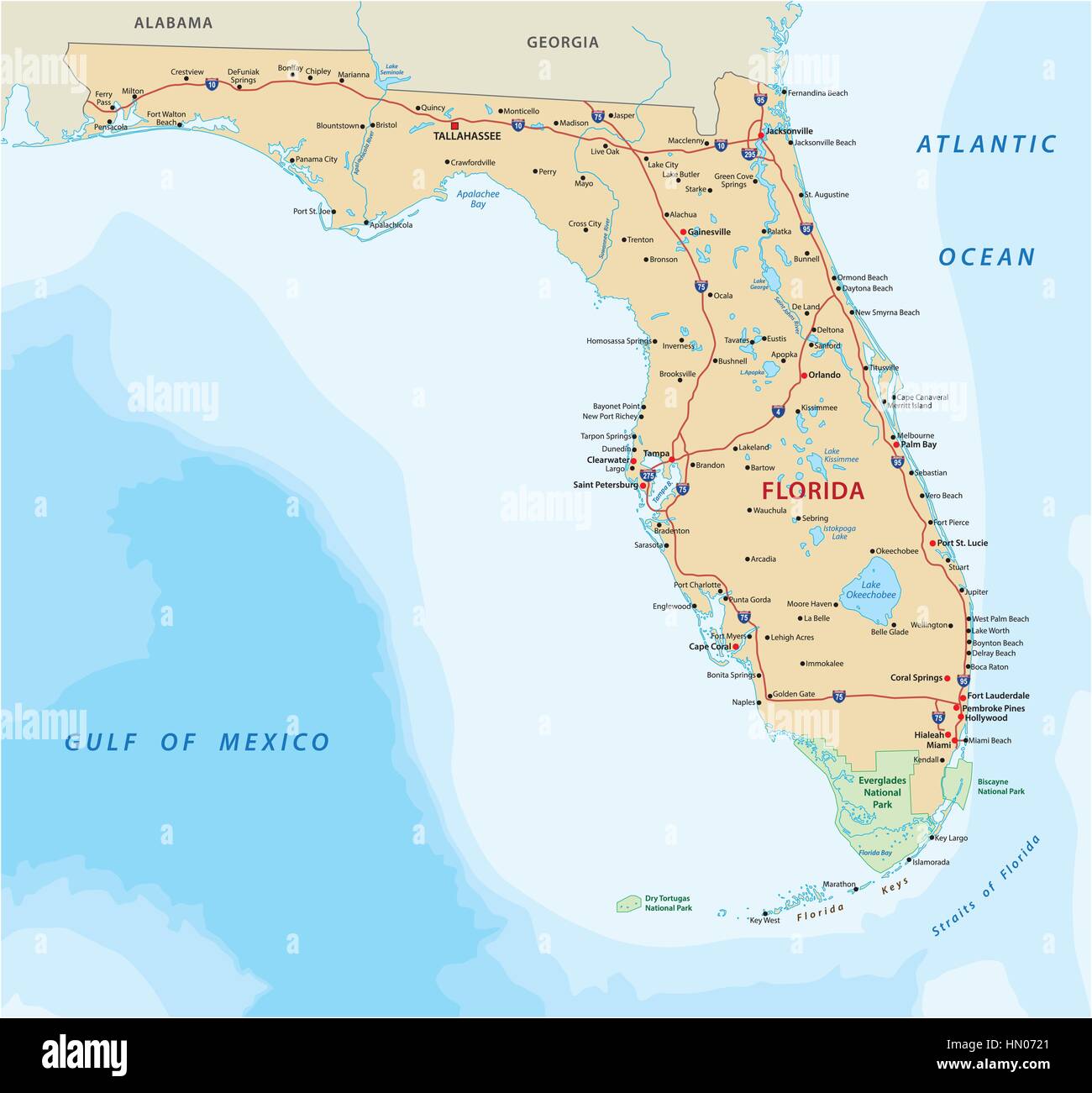 Florida-Vektor-Straßenkarte mit Nationalparks 2. eps Stock Vektor