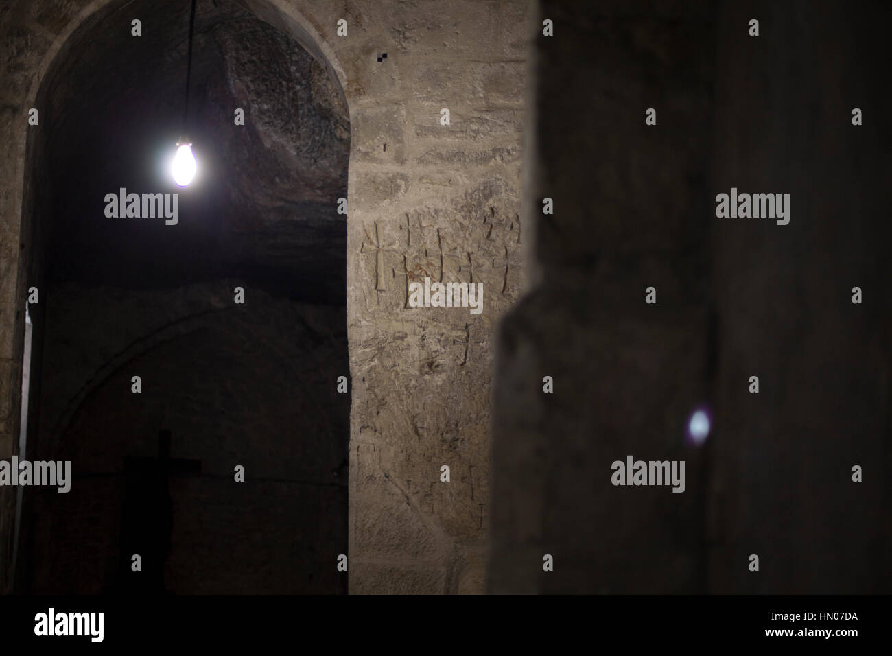 Kreuzritter-Graffiti in der Kirche des Heiligen Grabes in der Altstadt von Jerusalem Stockfoto