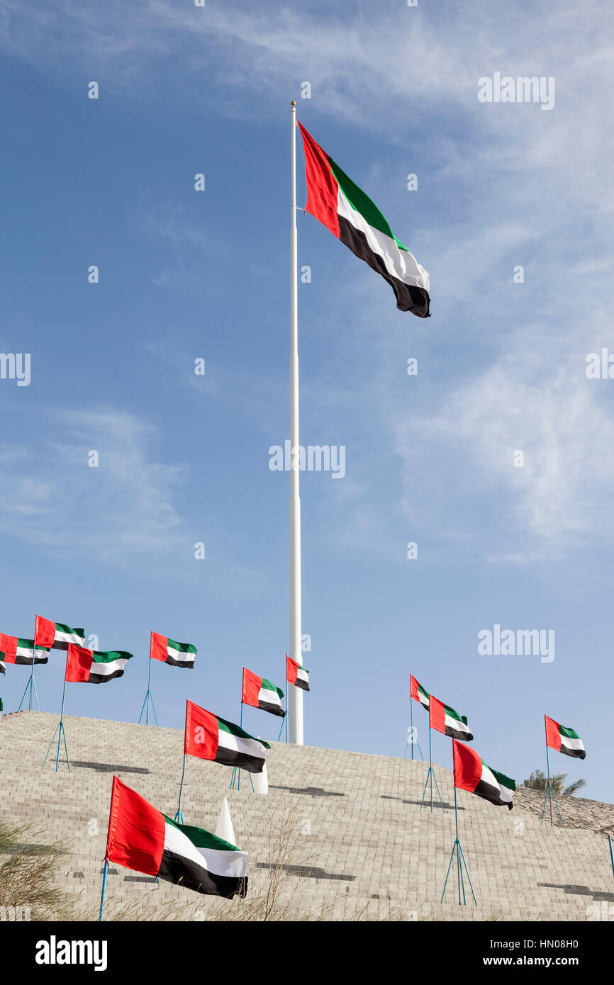 Viele Nationalflaggen der VAE zu feiern die 45. Nationalfeiertag in Mezairaa, Emirat von Abu Dhabi, Vereinigte Arabische Emirate Stockfoto