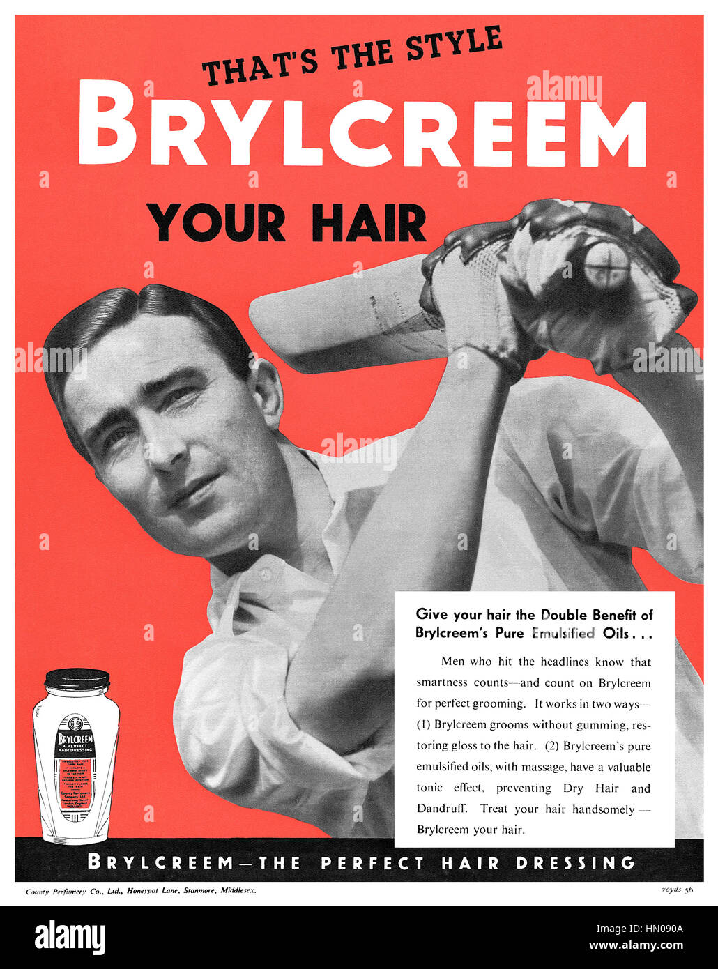 1949 Ausschreibung britische Brylcreem Hair Dressing mit Cricket-Spieler Denis Compton Stockfoto