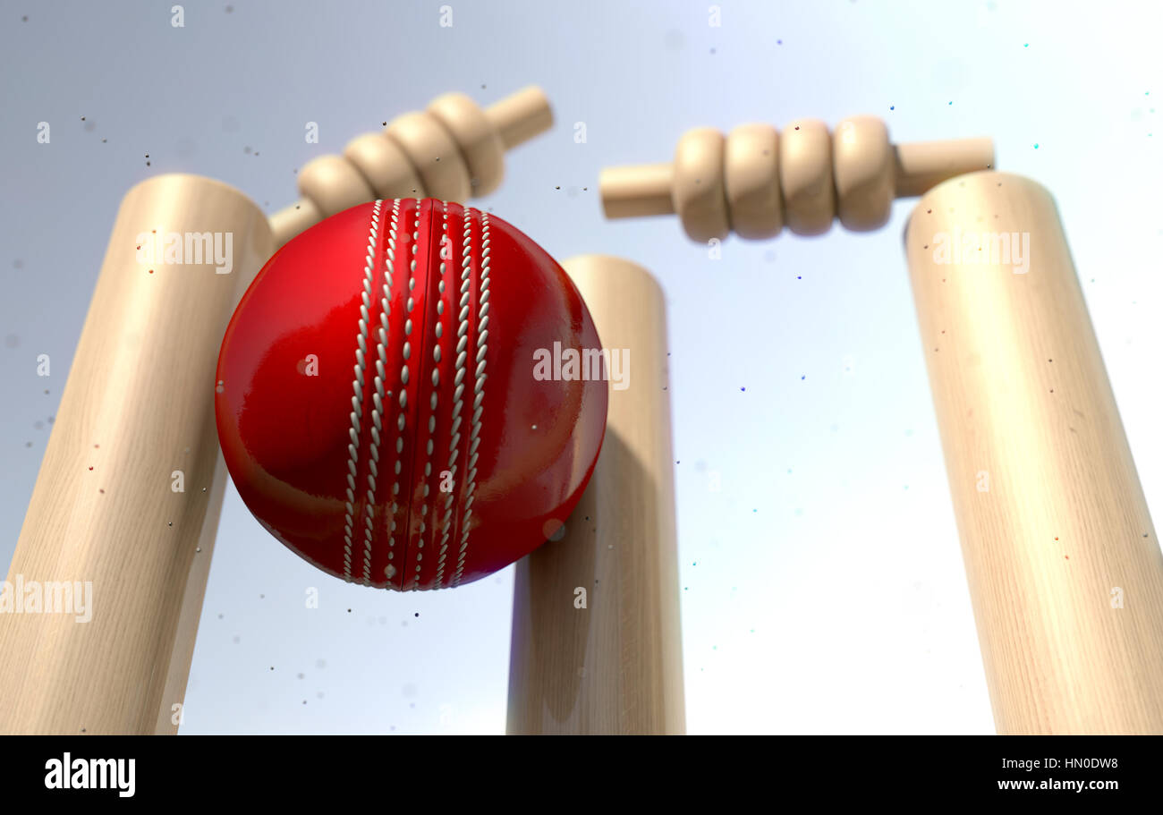 Eine Nahaufnahme von einem rotem Leder genäht Cricketball Kollision mit hölzernen Pforten mit Schmutzpartikeln ausgehend von den Auswirkungen in der Tageszeit - 3D Render Stockfoto
