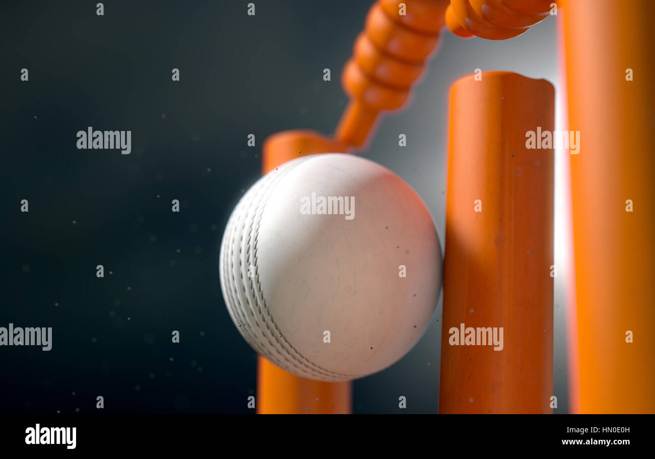 Eine Nahaufnahme von einem weißem Leder genäht Cricketball schlagen orange Wickets mit Schmutz Partikel, die aus den Einfluss in der Nacht - 3D render Stockfoto