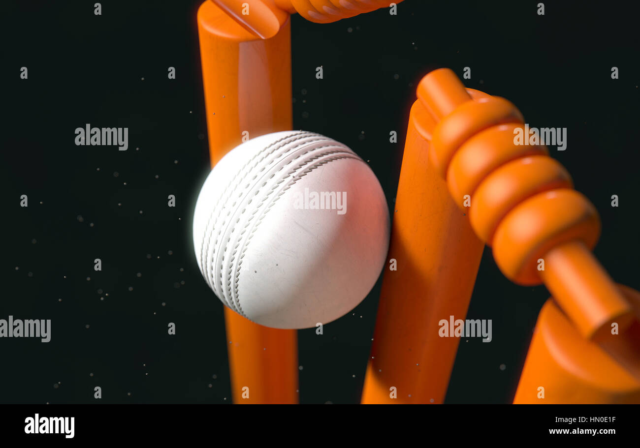 Eine Nahaufnahme von einem weißem Leder genäht Cricketball schlagen orange Wickets mit Schmutz Partikel, die aus den Einfluss in der Nacht - 3D render Stockfoto