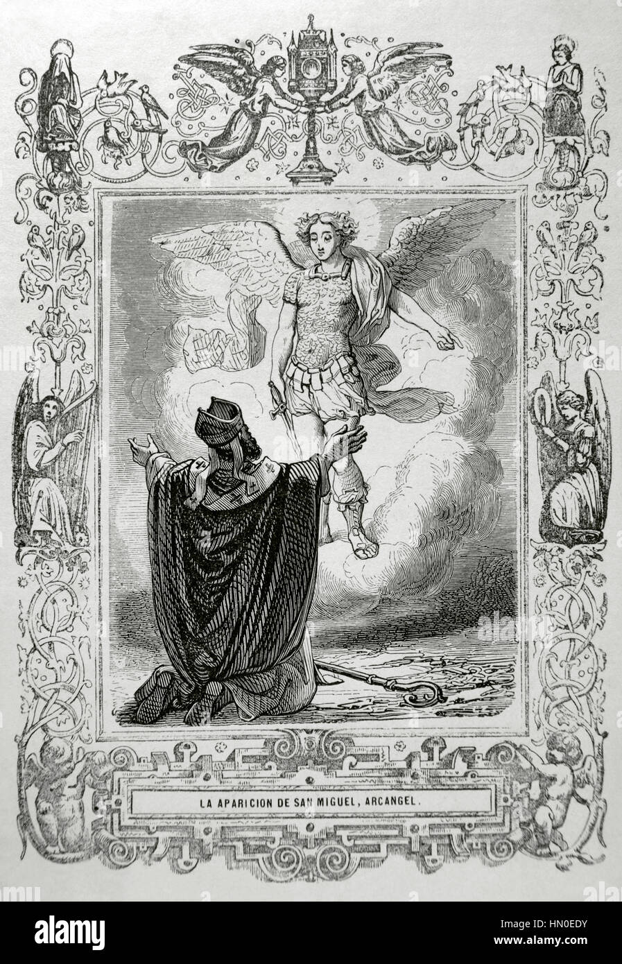 Die Erscheinung des Erzengels St. Michael. Kupferstich von Capuz, 1852. Stockfoto