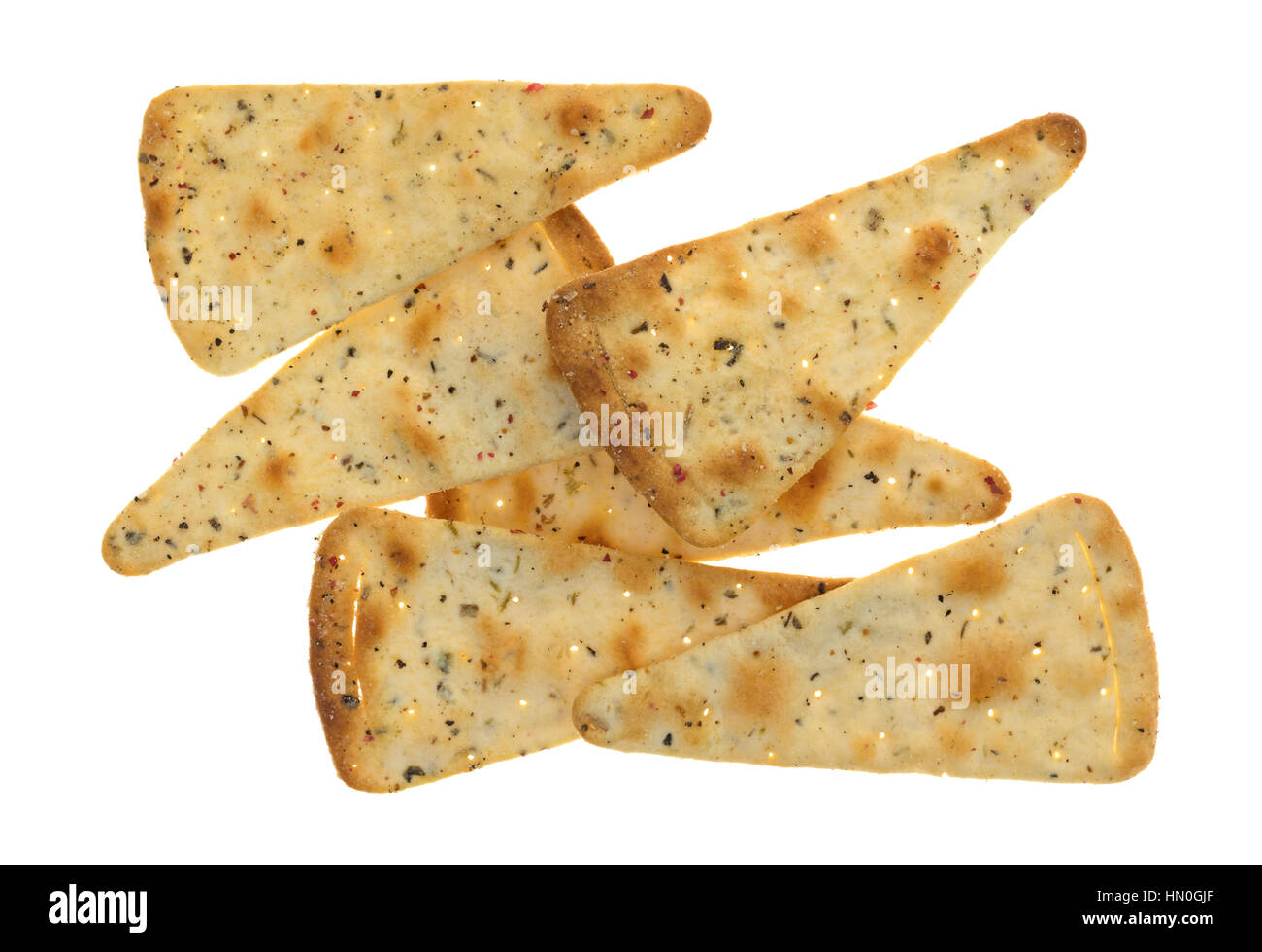 Draufsicht von erfahrenen Pizza Kruste Chips isoliert auf einem weißen Hintergrund. Stockfoto