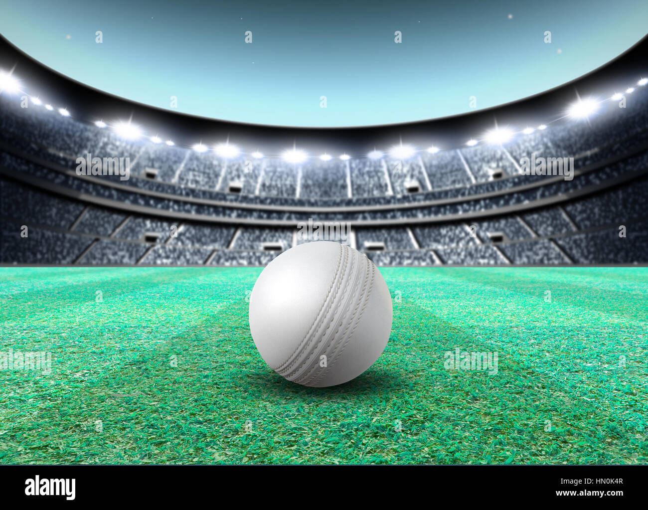 Eine generische sitzenden Cricket-Stadion mit einem weißen Ball auf einem grünen Rasen nachts beleuchteten Flutlicht - 3D render Stockfoto