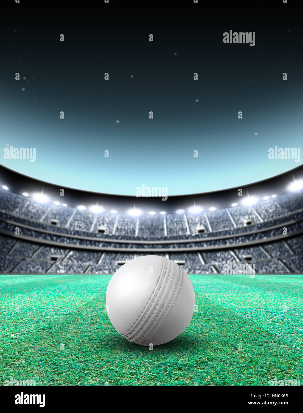 Eine generische sitzenden Cricket-Stadion mit einem weißen Ball auf einem grünen Rasen nachts beleuchteten Flutlicht - 3D render Stockfoto