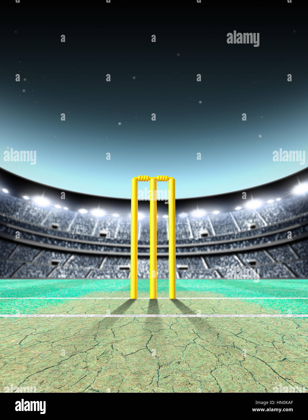 Eine generische sitzenden Cricket-Stadion mit gerissenen Tonhöhe und gelbe Wickets auf einem grünen Rasen nachts beleuchteten Flutlicht - 3D render Stockfoto