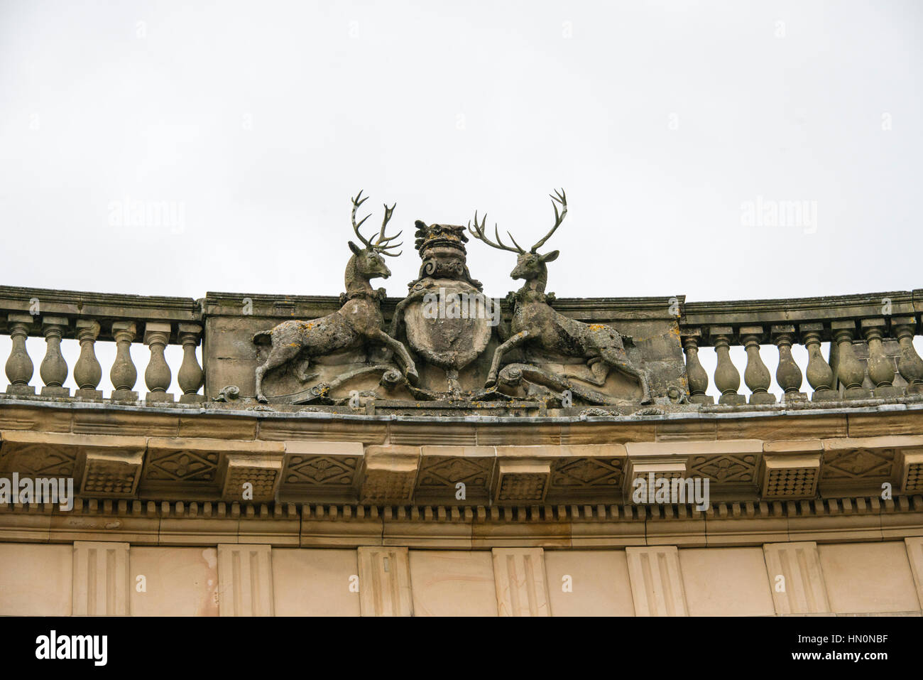 Hirsche und Wappen auf dem Halbmond in Buxton, Derbyshire Stockfoto
