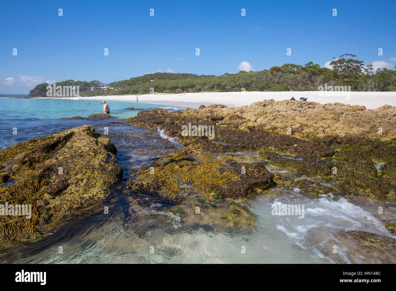 Chinamans Strand und Rock Formation an der Süd Küste von New South Wales im Jervis Bay ist bekannt für seine weichen, weißen Sand, Jervis Bay, Australien Stockfoto