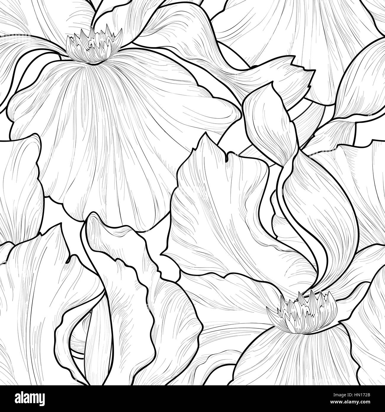 Florale nahtlose Muster. Blume iris ätzen Hintergrund. Abstrakt floral ornamentale Textur mit Blumen. Frühling Garten gedeihen. Fantastische Blumen m Stock Vektor