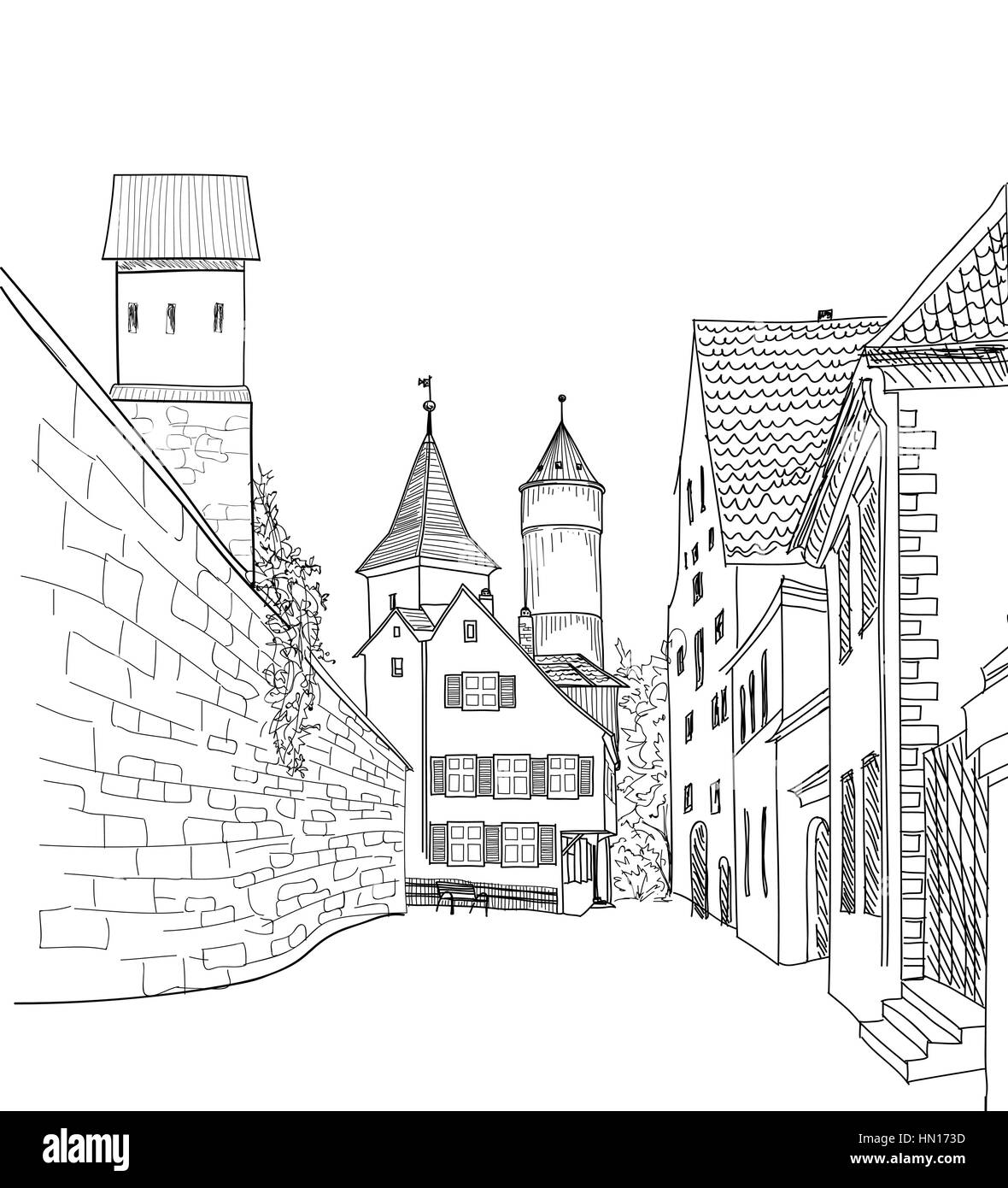 Straße in der Altstadt. das Stadtbild - Häuser, Gebäude und Baum auf der Gasse. Die Altstadt. mittelalterlichen europäischen schloss Landschaft. Gravur vektor Skizze Stock Vektor
