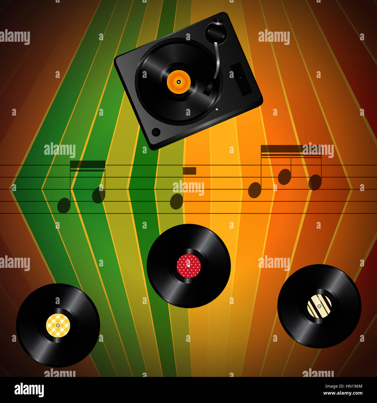 Musik-Pentagramm mit Notizen Vinyl Disc und drehbar über Vintage Streifen Hintergrund Stockfoto