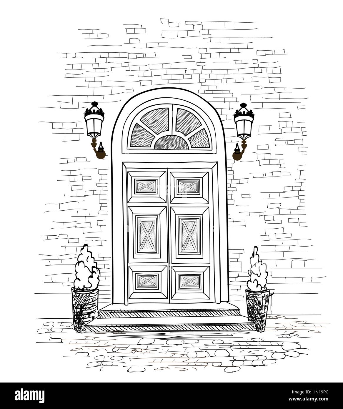 Tür Hintergrund. Haus Tür Eingang hand Zeichnung Abbildung Stock Vektor