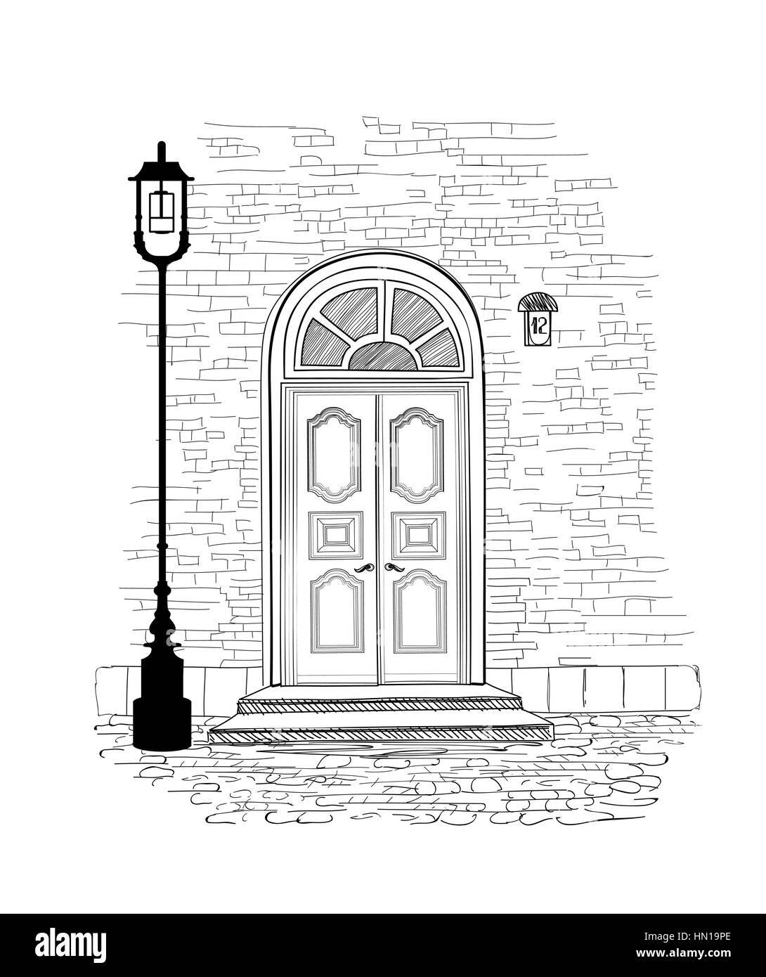 Alte Türen im Vintage Stil mit weißen Hintergrund. Haus Eingang hand Zeichnung Abbildung. Doodle gemütliche Straße Gasse wallpaper Design Stock Vektor