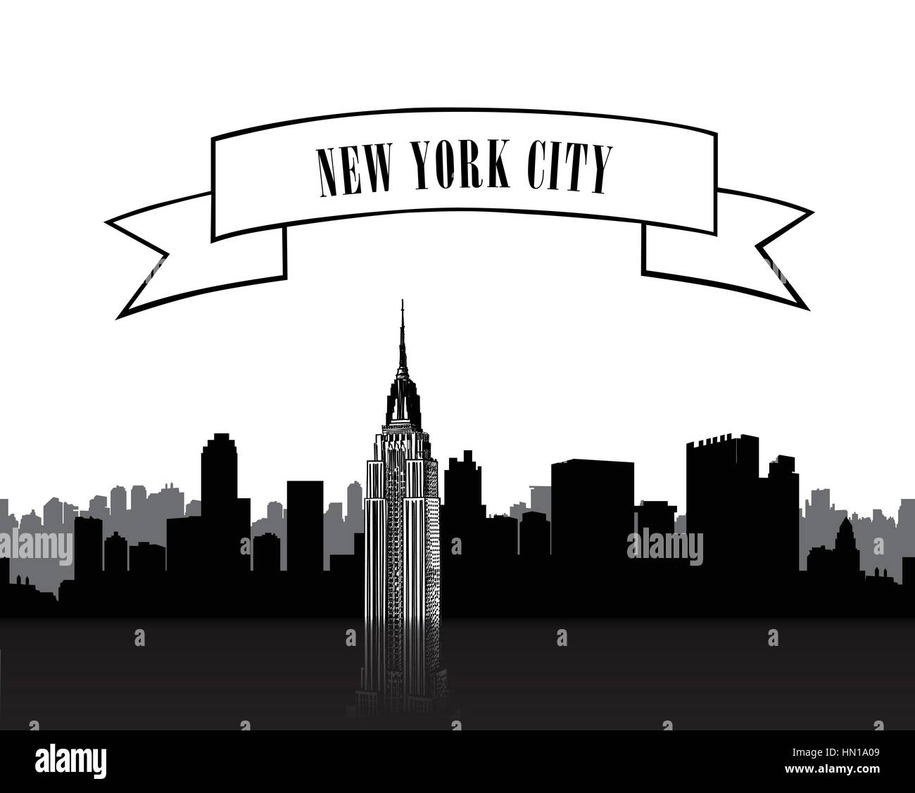 New York City Skyline Silhouette mit Singen auf Bogen über weißen Hintergrund Stock Vektor