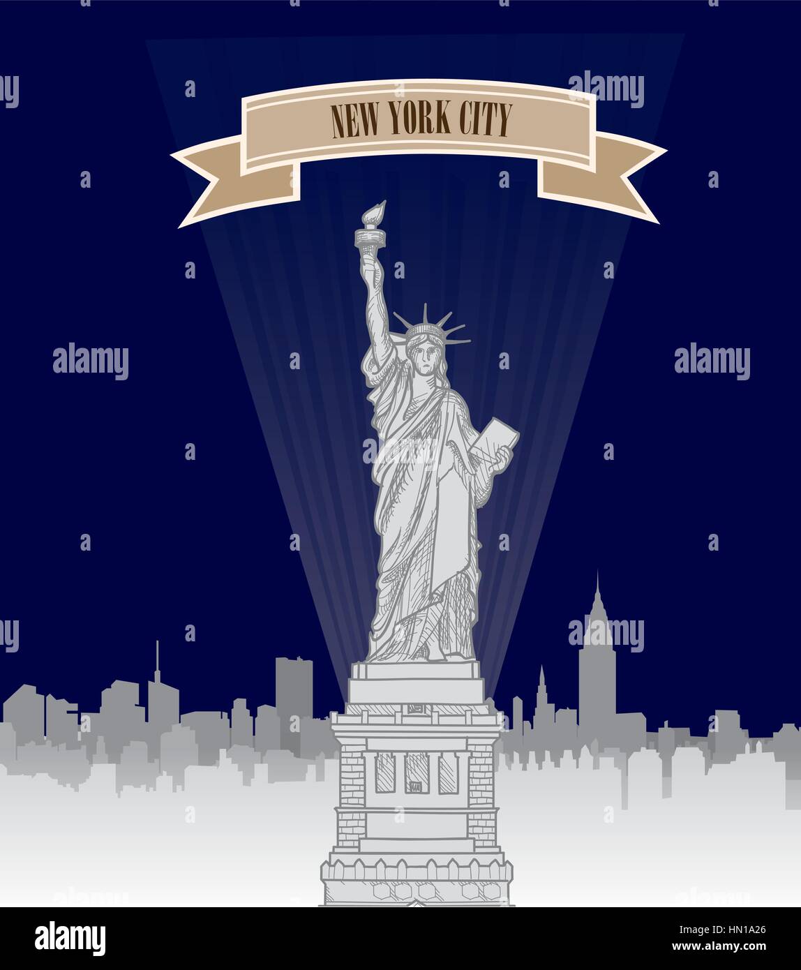 New York, USA Skyline von New York City Silhouette mit Liberty Denkmal. amerikanischen Wahrzeichen. städtebaulichen Landschaft. stadtbild Hintergrund in retro moo Stock Vektor