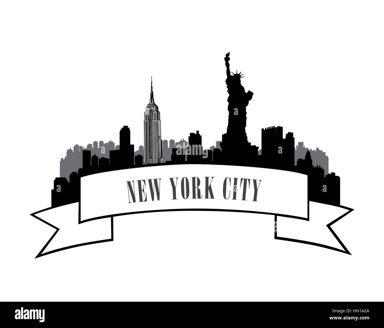 New York, USA skyline Skizze. New York City Silhouette mit Liberty Denkmal. amerikanischen Wahrzeichen. städtebaulichen Landschaft. Stadtbild mit berühmten Bui Stock Vektor