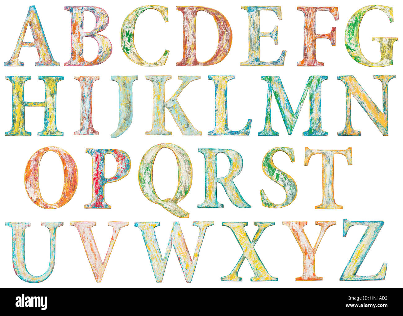 Bunte Grunge handgemachte Alphabet Buchstaben. Hergestellt aus Holz mit Farbe bedeckt. Stockfoto