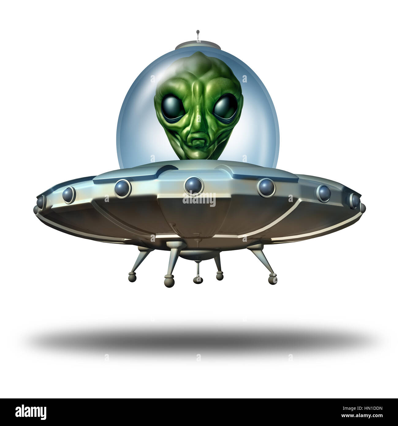 Fremd in einer fliegenden Untertasse als UFO Besucher in ein Raumschiff oder Raumfahrzeuge und Außerirdische Mars grüne Kreatur im Inneren als Symbol für die Suche f Stockfoto