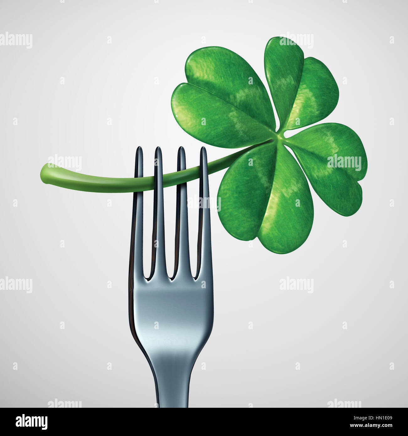 Saint Patrick Tag Nahrung Symbol als eine Gabel mit einem grünen Kleeblatt Kleeblatt als traditionelle keltische Mahlzeit Symbol für irischen Erbe Abendessen oder Essen Stockfoto
