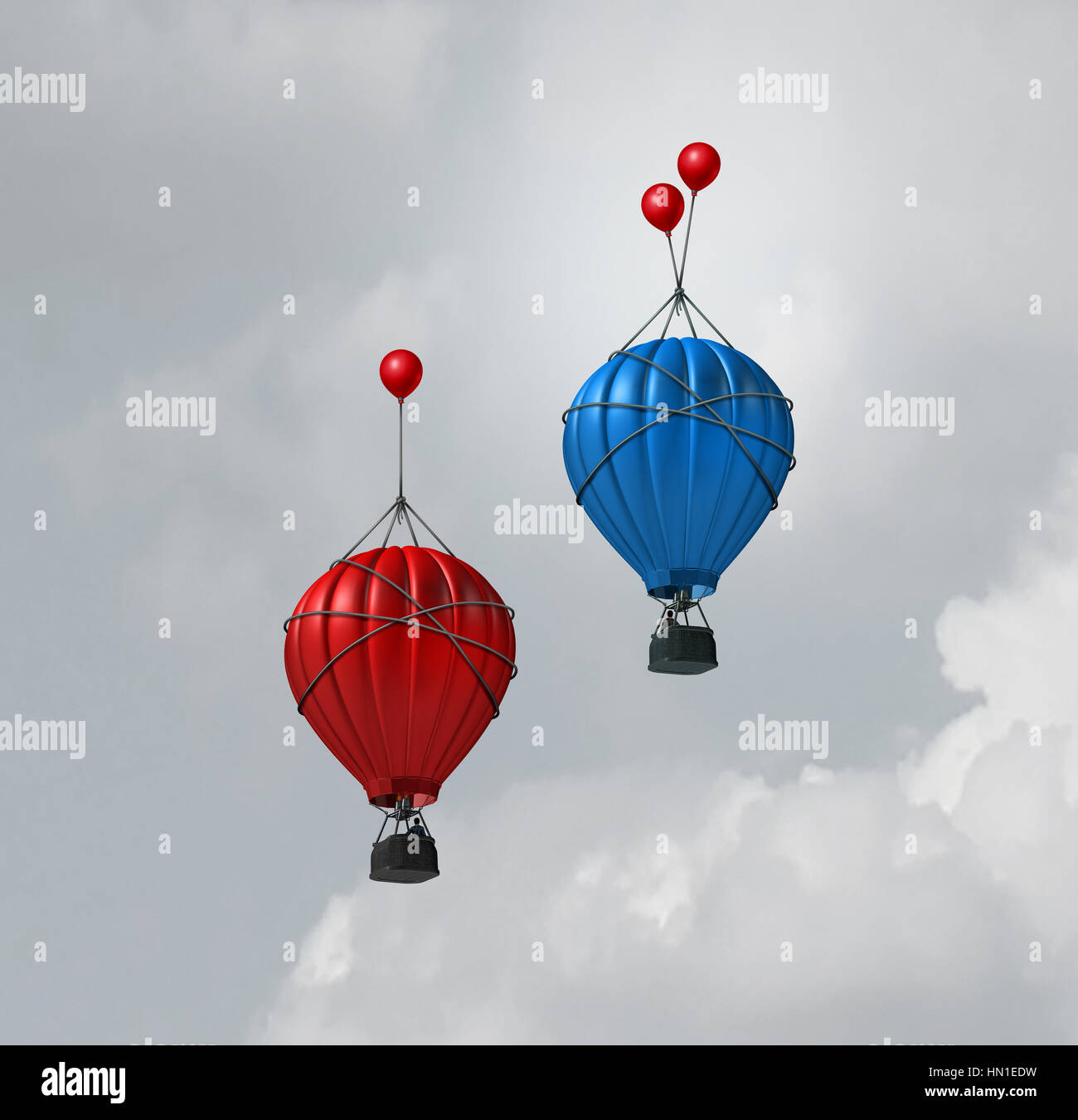 Innovation und erhöht Geschäft Auftrieb als Business Wettbewerb Metapher mit Luftballon steigt mit ein geht höher, da mehr zu verbessern. Stockfoto