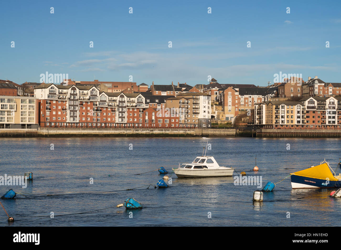 Neubau Wohnung in North Shields gesehen über den Fluss Tyne, Nord-Ost-England, UK Stockfoto